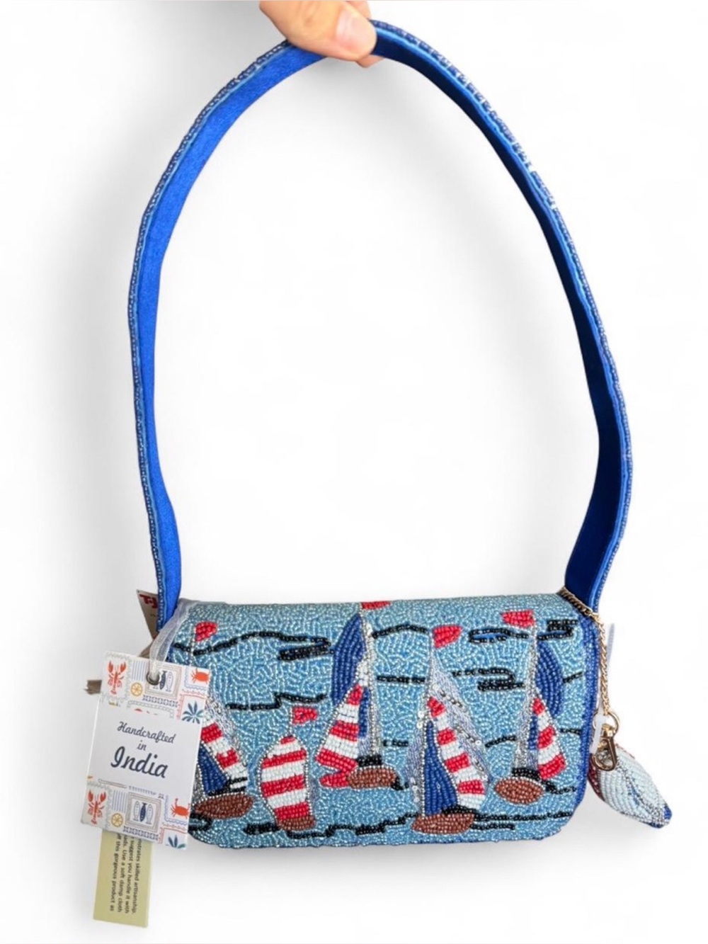 Made in India Beaded Sailboat Shoulder Bag - Blue, Red & White